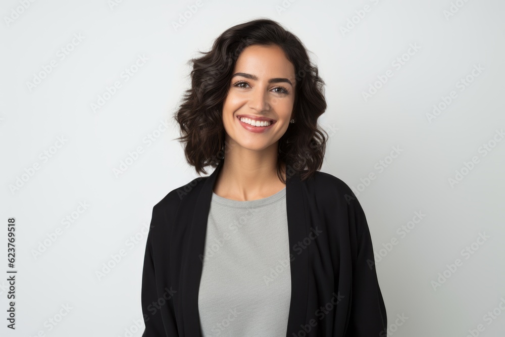 Portrait of a beautiful young woman smiling at camera over white background Portrait of a beautiful young woman smiling at camera over white background