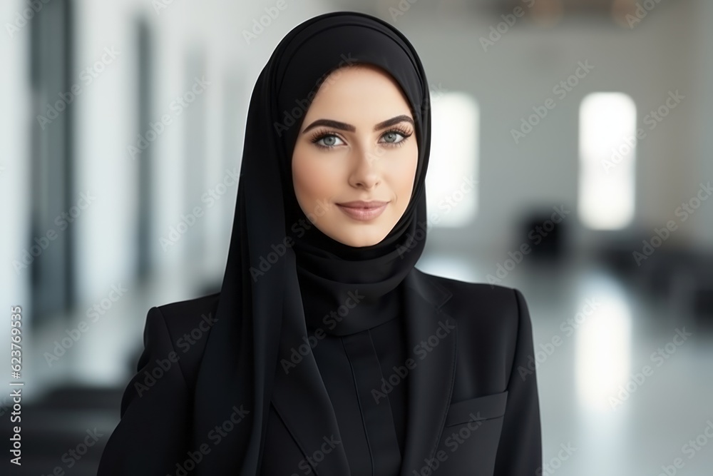 Portrait of beautiful young muslim woman in black hijab looking at camera Portrait of beautiful young muslim woman in black hijab looking at camera