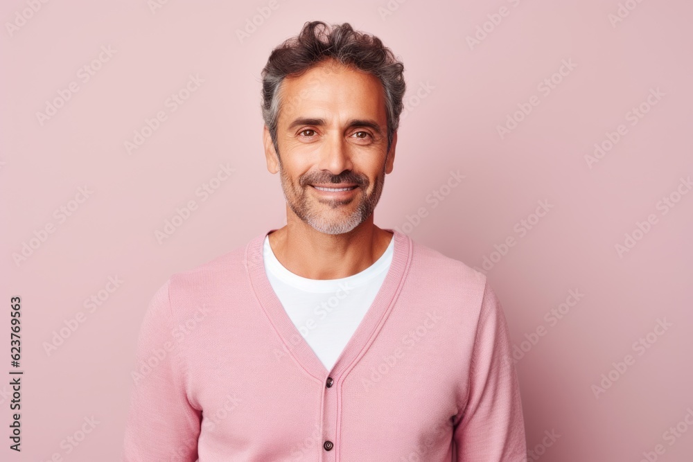 Portrait of a handsome middle-aged man in a pink sweater on a pink background Portrait of a handsome middle-aged man in a pink sweater on a pink background