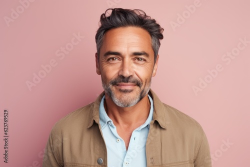 Portrait of a handsome middle-aged man in casual clothes on a pink background