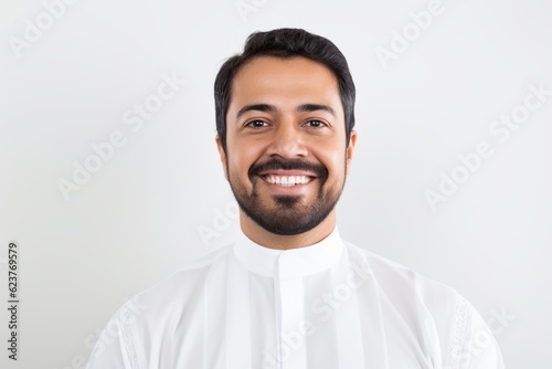 Portrait of happy muslim man smiling at camera over white background