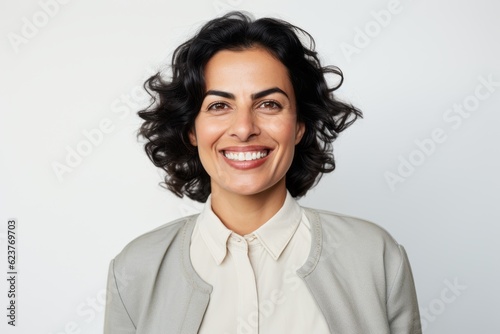 Portrait of a smiling businesswoman looking at camera over white background