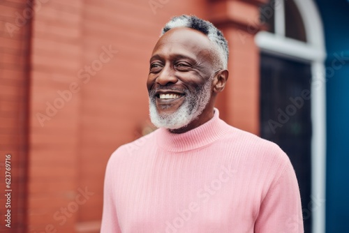 Portrait of a smiling senior man in pink sweater standing outdoors.