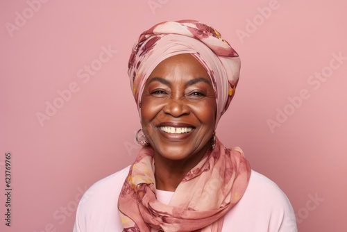 Portrait of smiling african woman with headscarf on pink background