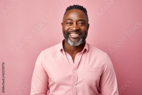 Portrait of a smiling african american man with beard looking at camera isolated over pink background