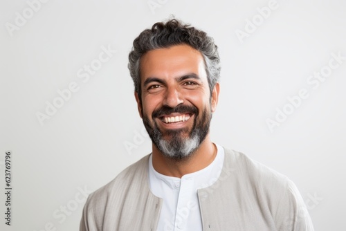 Portrait of happy bearded Indian man smiling at camera. Isolated white background.