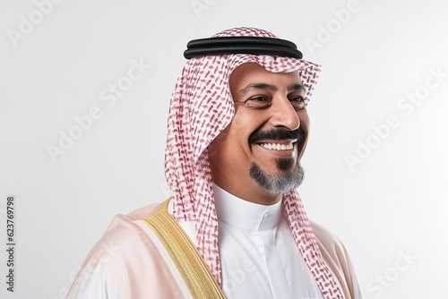 Portrait of an arabian businessman smiling over white background.