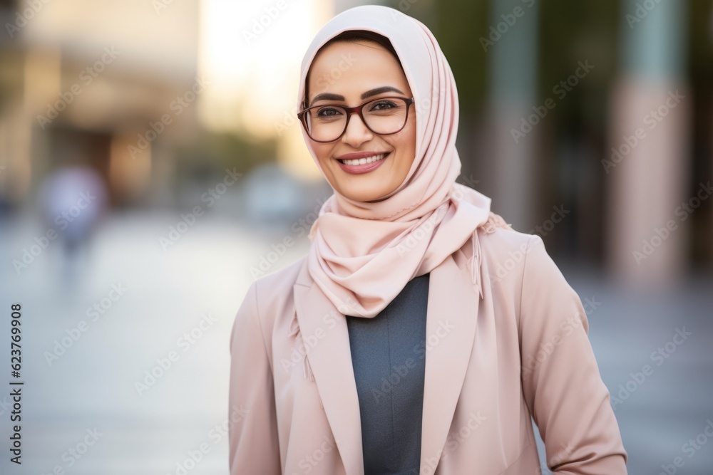portrait of smiling muslim woman in eyeglasses in city portrait of smiling muslim woman in eyeglasses in city