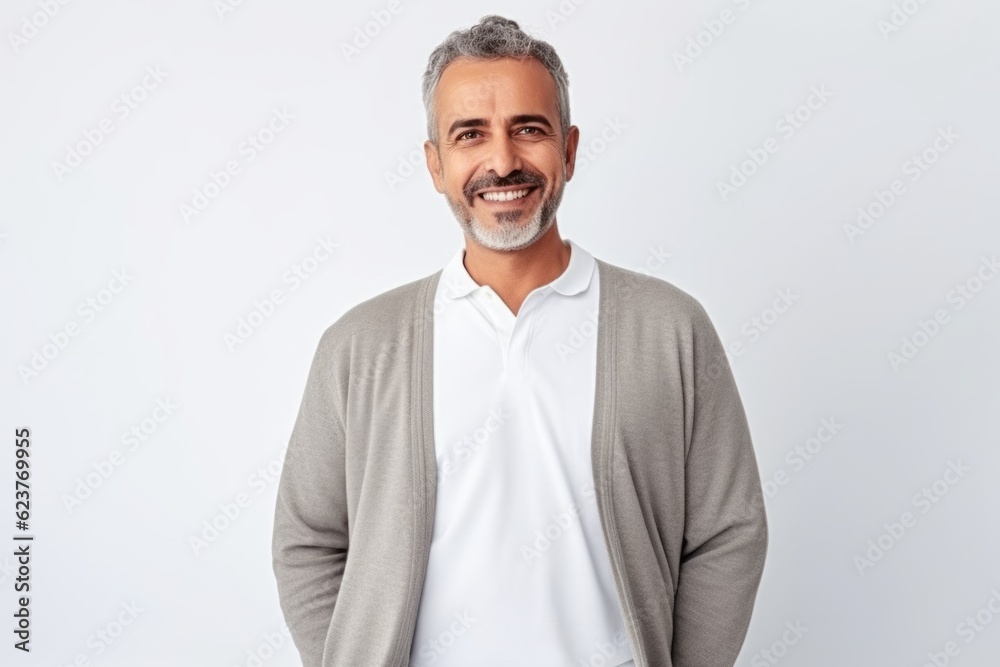 Portrait of handsome mature man looking at camera and smiling while standing against white background Portrait of handsome mature man looking at camera and smiling while standing against white background