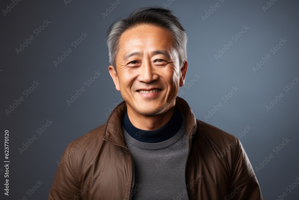 Fototapeta premium asian senior man wearing brown jacket, smiling and looking at camera
