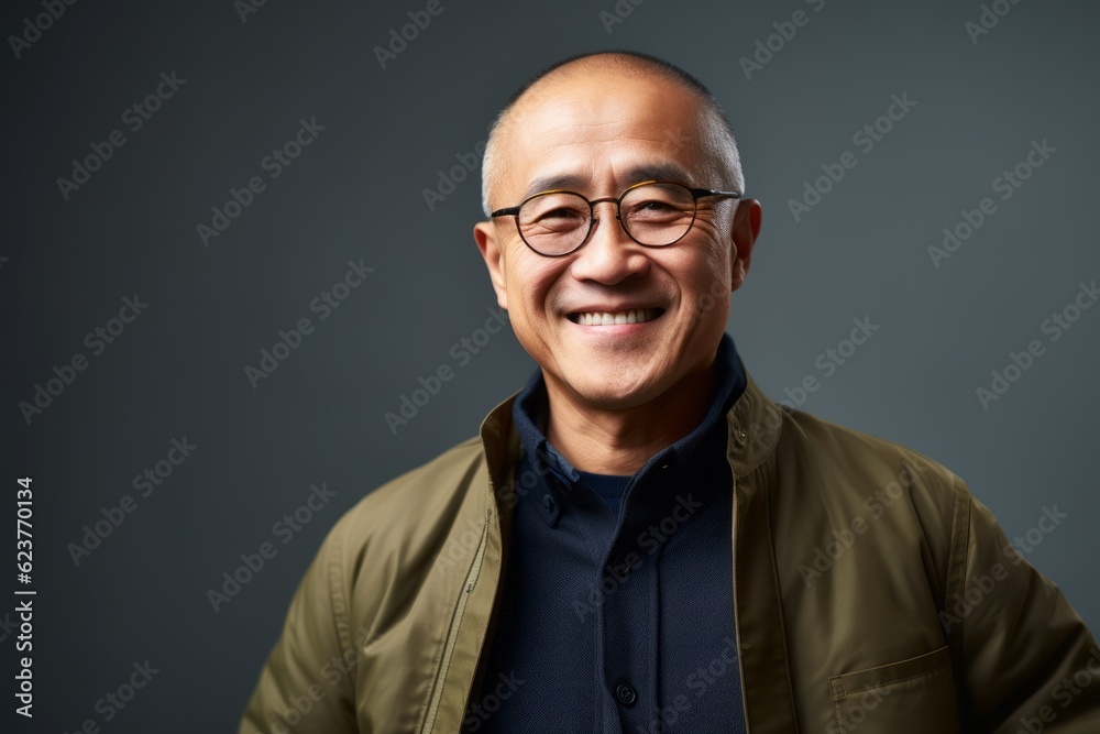 Portrait of a happy mature Asian man wearing eyeglasses.
