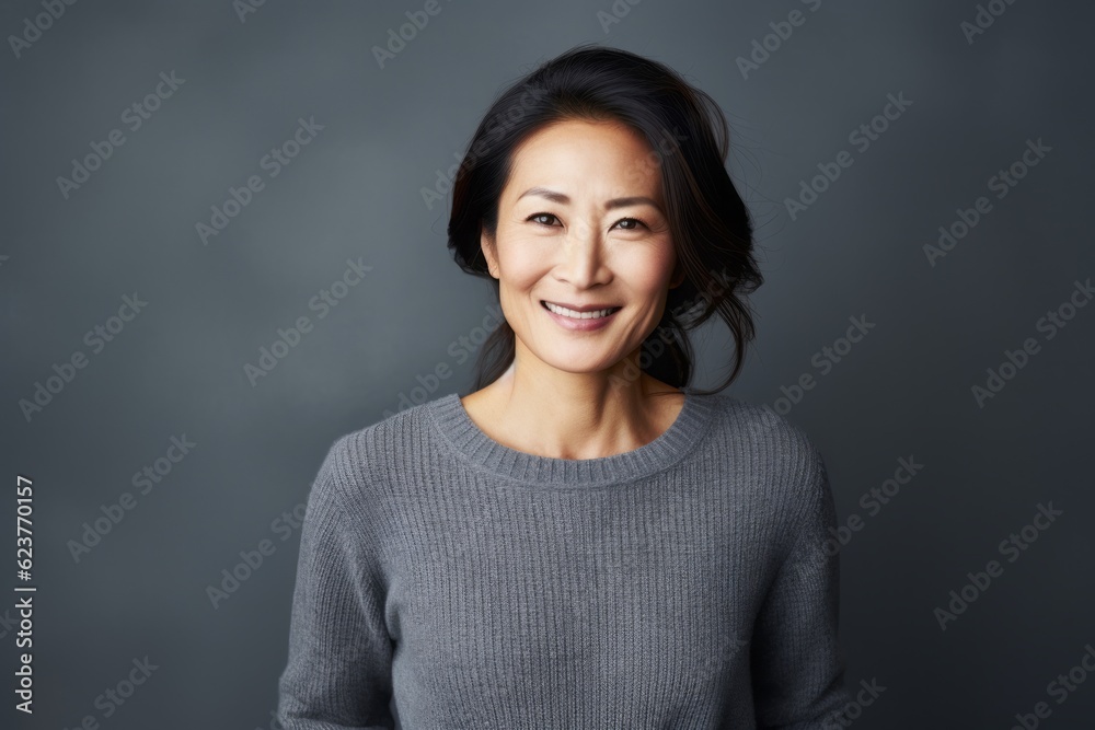 Portrait of a smiling asian woman looking at camera over grey background Portrait of a smiling asian woman looking at camera over grey background