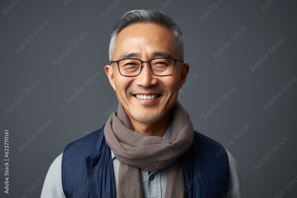 Portrait of smiling asian man in scarf and eyeglasses Portrait of smiling asian man in scarf and eyeglasses