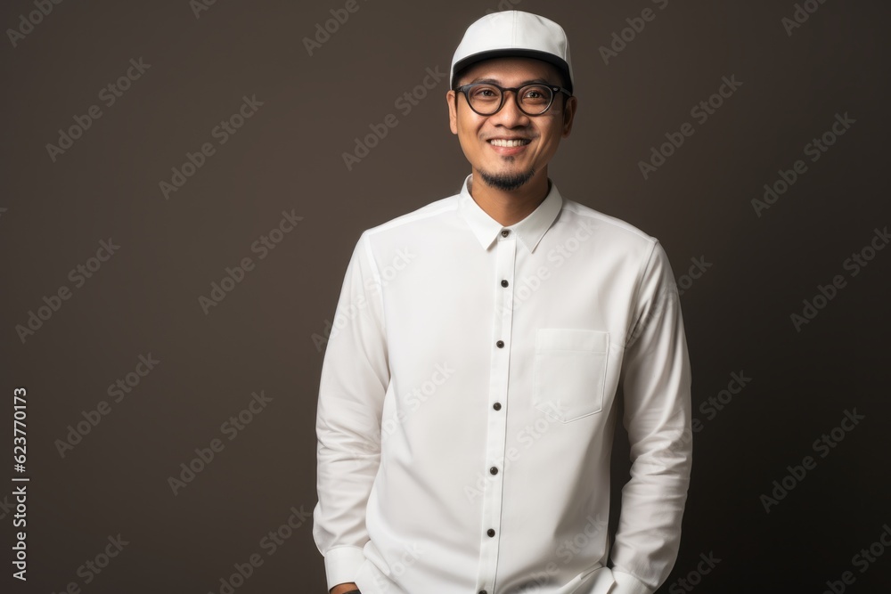 Young handsome Indian man wearing white long sleeve shirt and cap against gray background Young handsome Indian man wearing white long sleeve shirt and cap against gray background
