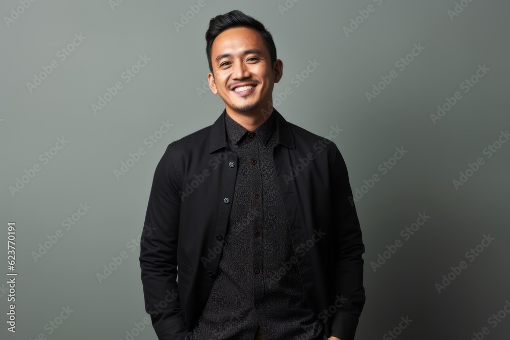 Portrait of a happy young asian man standing against grey background Portrait of a happy young asian man standing against grey background