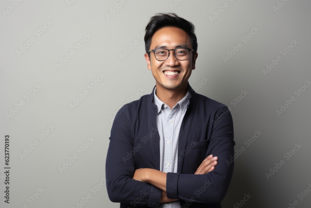 Portrait of happy Asian businessman with arms crossed standing against grey background Portrait of happy Asian businessman with arms crossed standing against grey background