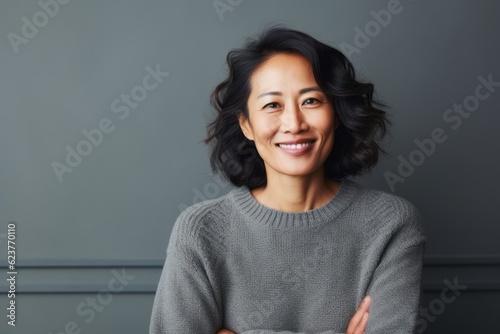 Portrait of happy young Asian woman with arms crossed against grey background