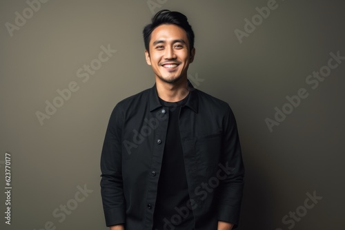 Portrait of handsome asian man in black shirt on grey background