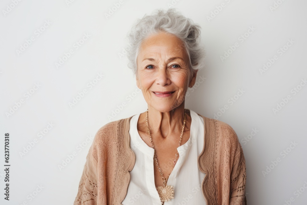Portrait of a happy senior woman looking at the camera on white background