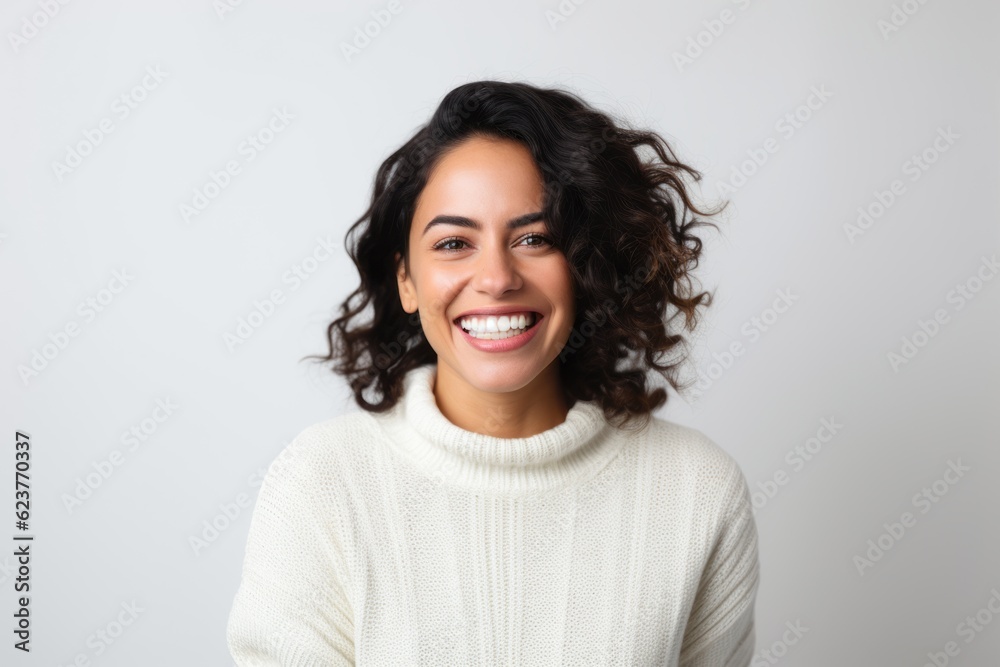 Portrait of a smiling young woman looking at camera over white background Portrait of a smiling young woman looking at camera over white background