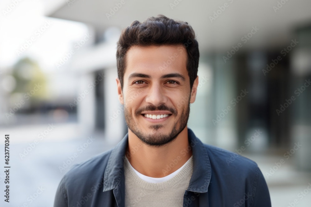 Handsome young man in casual clothes smiling at camera while standing outdoors
