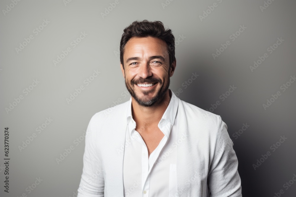 Portrait of handsome man smiling and looking at camera while standing against grey background