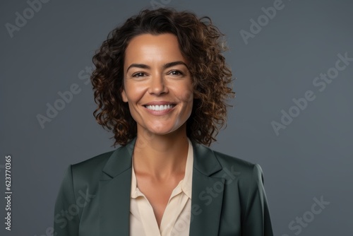 portrait of smiling businesswoman with curly hair, isolated on grey