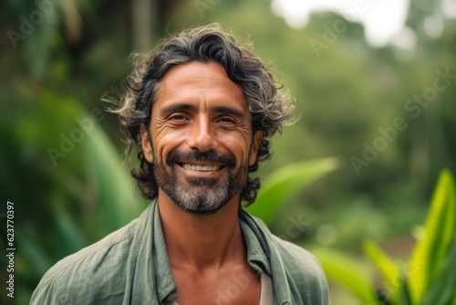 Portrait of handsome bearded Indian man smiling at camera in garden.