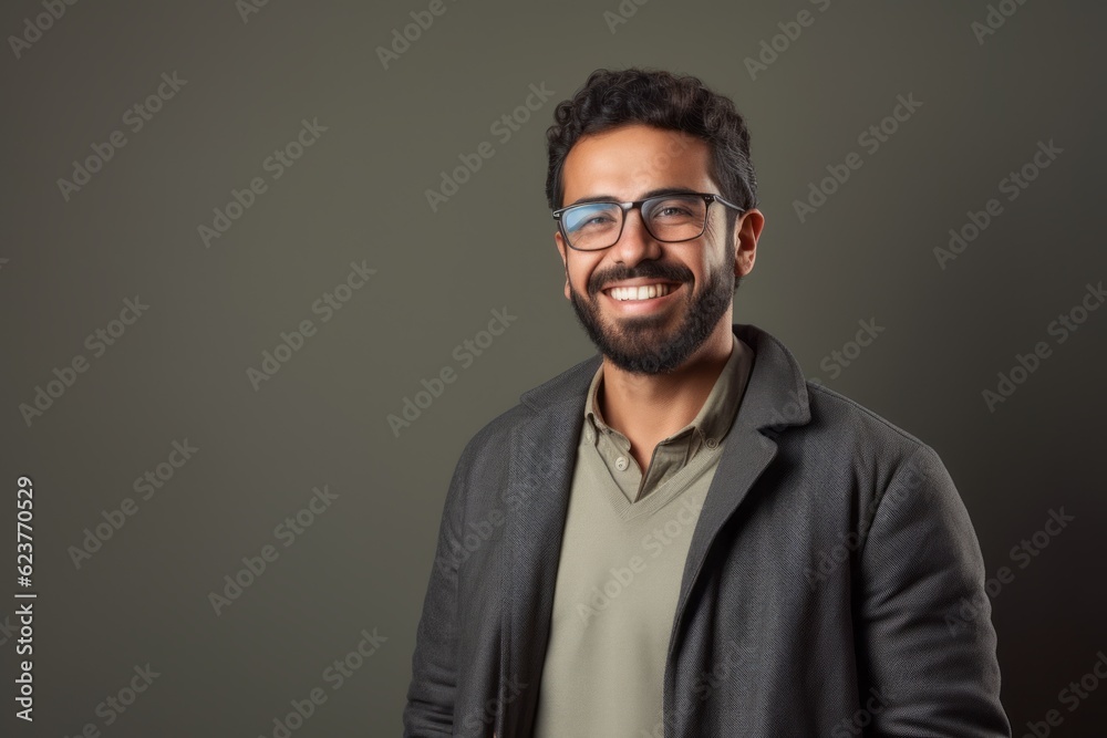 Obraz premium Portrait of a happy young man in eyeglasses on grey background