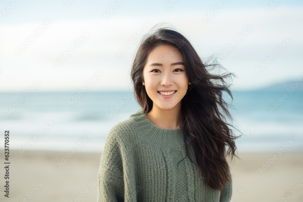 Portrait of beautiful young asian woman smiling and looking at camera on the beach Portrait of beautiful young asian woman smiling and looking at camera on the beach