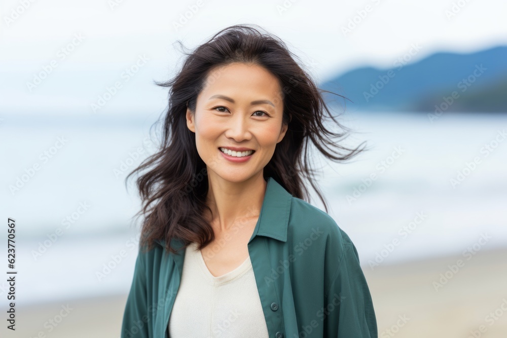 Portrait of smiling asian woman standing on beach at seaside Portrait of smiling asian woman standing on beach at seaside