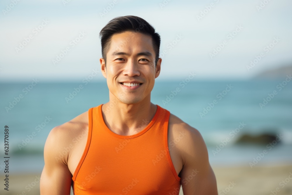 Portrait of smiling asian man in orange t-shirt on the beach Portrait of smiling asian man in orange t-shirt on the beach