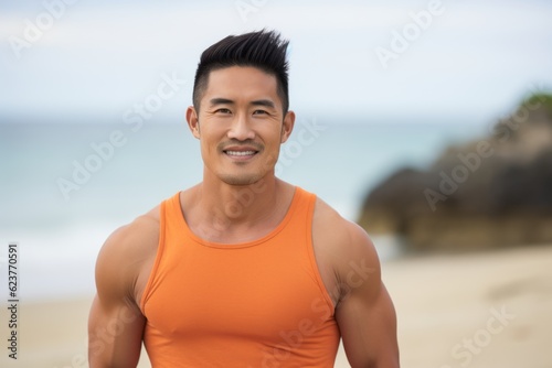 Portrait of a happy young asian man smiling at the beach