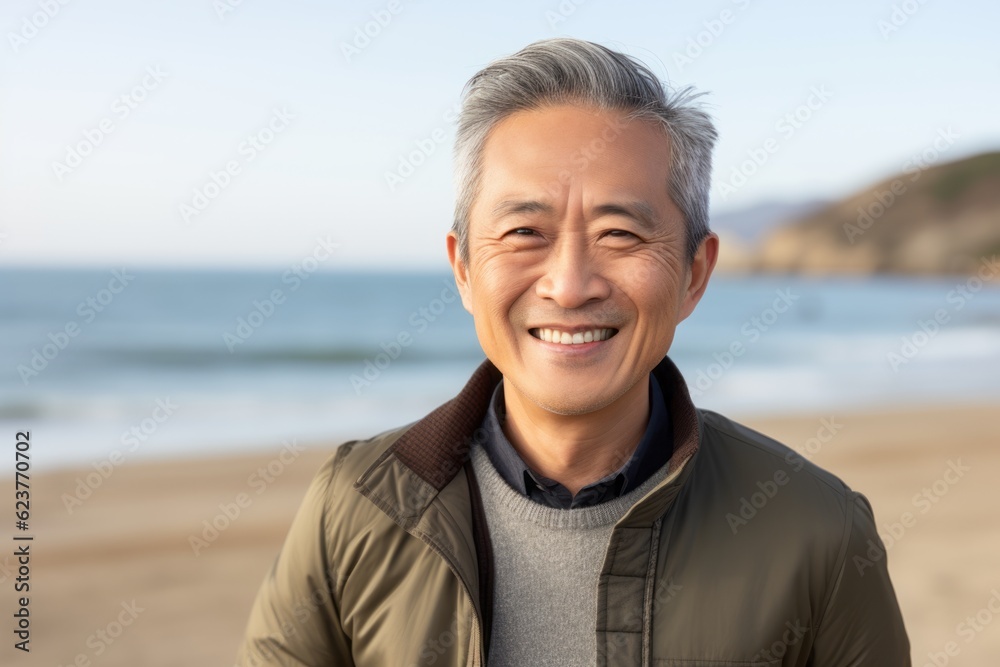 Portrait of happy asian senior man smiling at camera on beach Portrait of happy asian senior man smiling at camera on beach