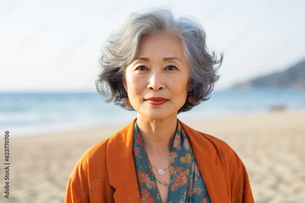 Portrait of a senior asian woman standing on the beach. Portrait of a senior asian woman standing on the beach.
