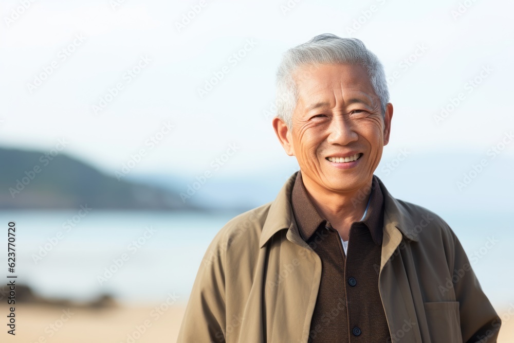 Portrait of happy senior man standing on the beach and looking at camera Portrait of happy senior man standing on the beach and looking at camera