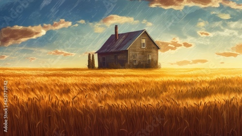 An old, lonely village house in the middle of a field of ripe wheat. Cloudy sky. Rural tranquil serene landscape.