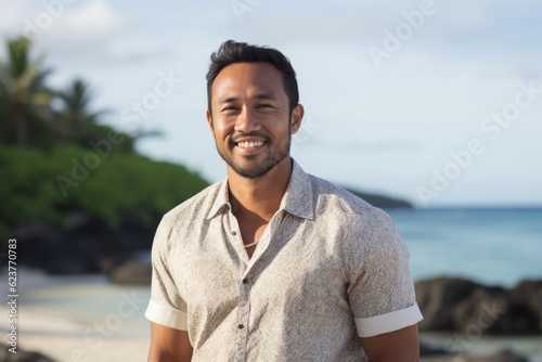 Portrait of a smiling young man standing in front of the ocean