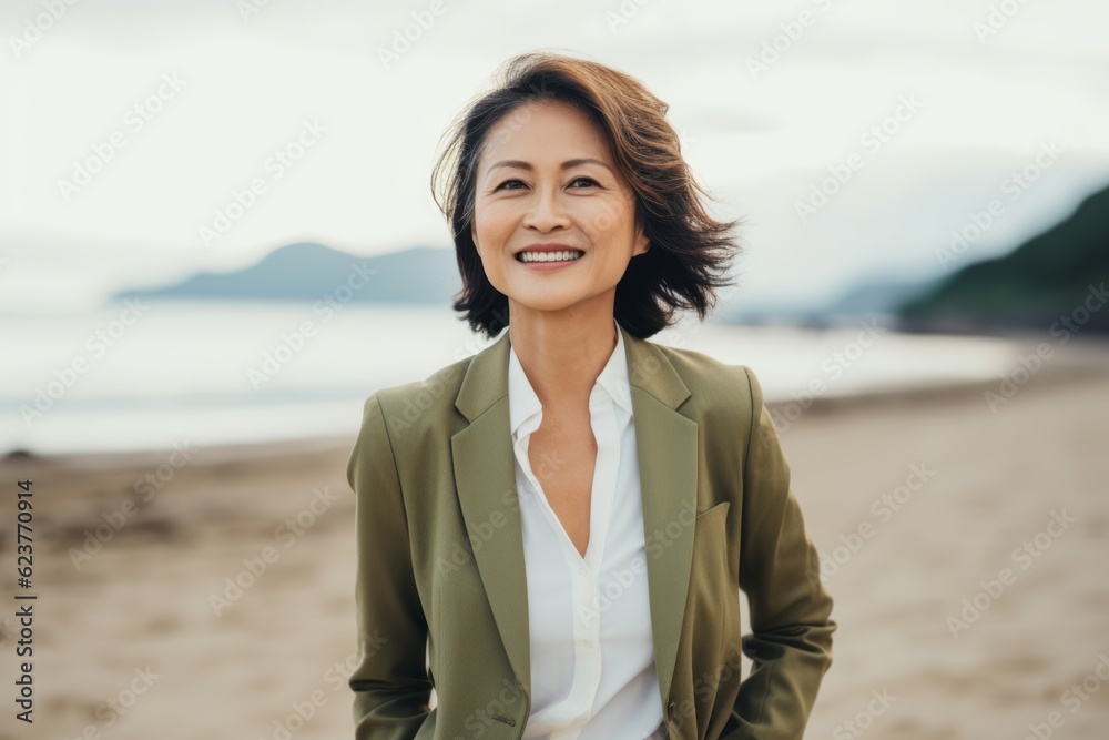 portrait of smiling asian businesswoman in formal wear standing on beach portrait of smiling asian businesswoman in formal wear standing on beach