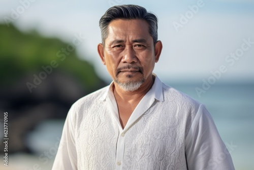 Portrait of an elderly asian man in a white shirt on the beach