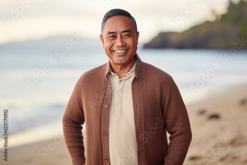 Portrait of a happy senior man standing on the beach at sunset