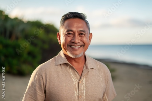 Portrait of a happy asian senior man smiling at the beach
