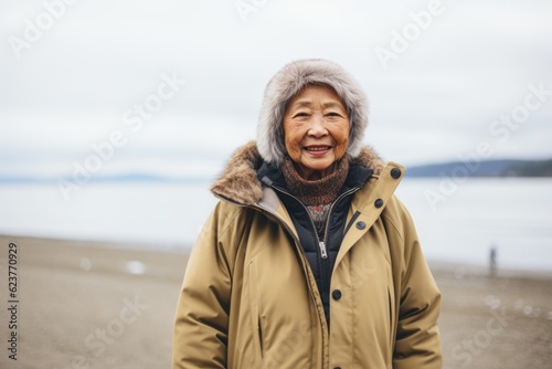 Portrait of an elderly asian woman wearing warm clothes on the beach