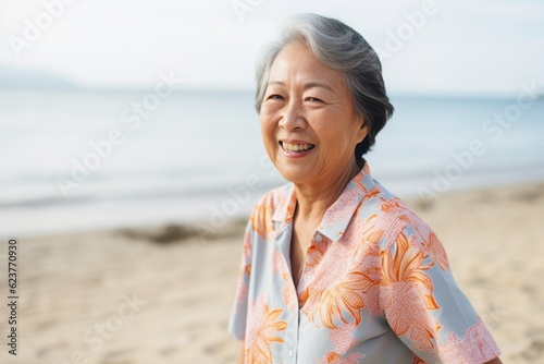 Portrait of happy senior asian woman standing on the beach.