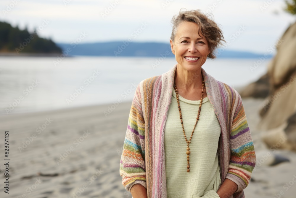 Portrait of a smiling senior woman standing on the beach at autumn day Portrait of a smiling senior woman standing on the beach at autumn day