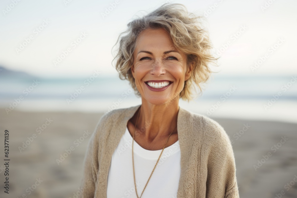 Portrait of smiling mature woman standing on beach at the day time Portrait of smiling mature woman standing on beach at the day time