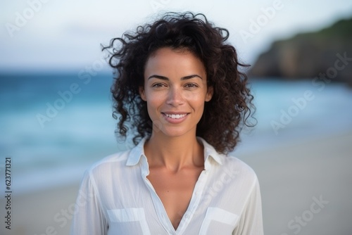 Portrait of smiling woman standing on the beach at the day time Free Download Portrait of smiling woman standing on the beach at the day time - GFXLoad