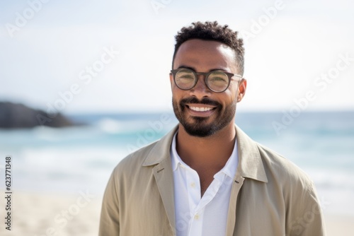 Portrait of smiling man with eyeglasses on the beach at the day time