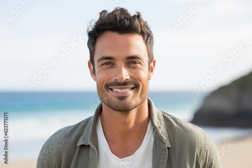 Portrait of handsome man smiling at camera at the beach on a sunny day
