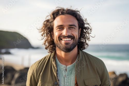 Portrait of handsome man smiling at camera at the beach on a sunny day